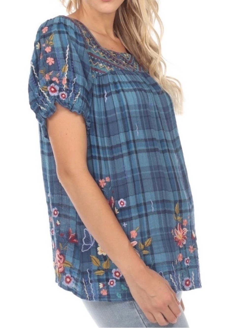 Johnny Was Aimee Blue Plaid Floral Embroidered Short Puff Sleeve Peasant Top S - Picture 3 of 12